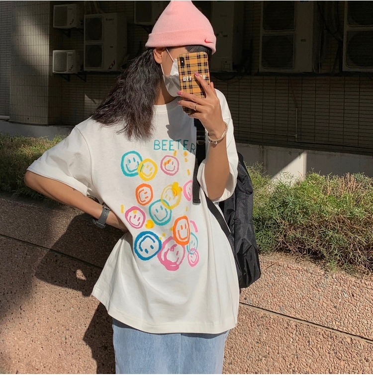 白Tシャツ レディース にこにこ笑顔プリント半袖シャツ