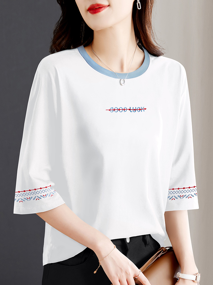 白Tシャツ レディース 彩色刺繍入り五分袖ラウンドネック