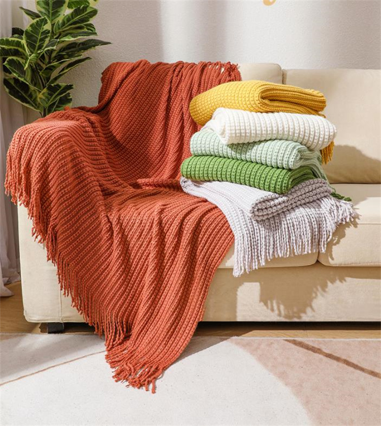 房飾り付きニット毛布 ボヘミアン調 ソファ装飾ブランケット