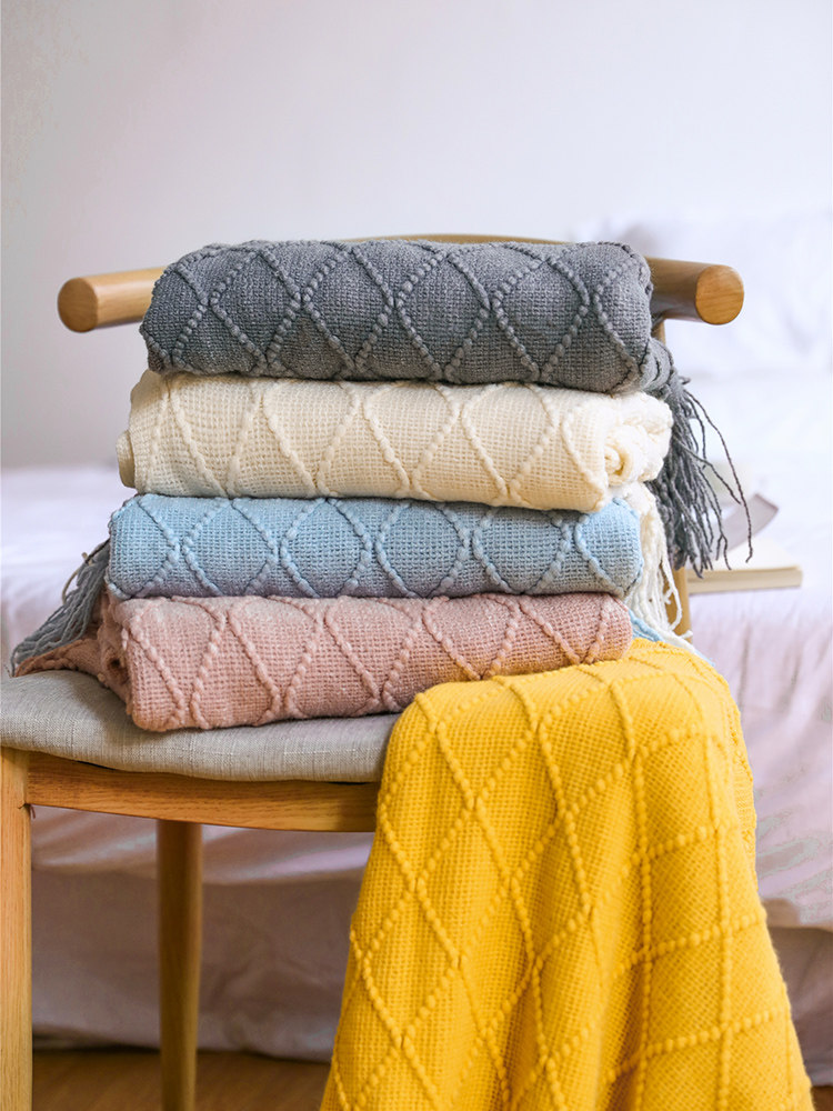 北欧風立体編みフリンジ付きニットブランケット