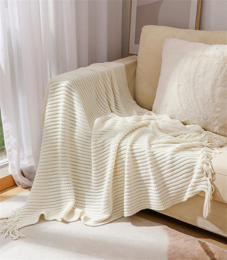 房飾り付きニット毛布 ボヘミアン調 ソファ装飾ブランケット