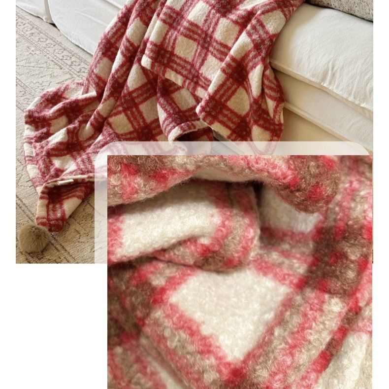 ブランケット ふわふわ格子柄ボンボン付き暖かブランケット