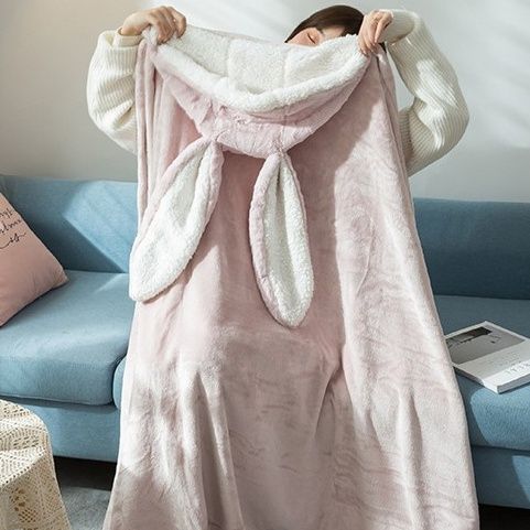 ブランケット うさぎ耳フード付きもこもこ着る毛布