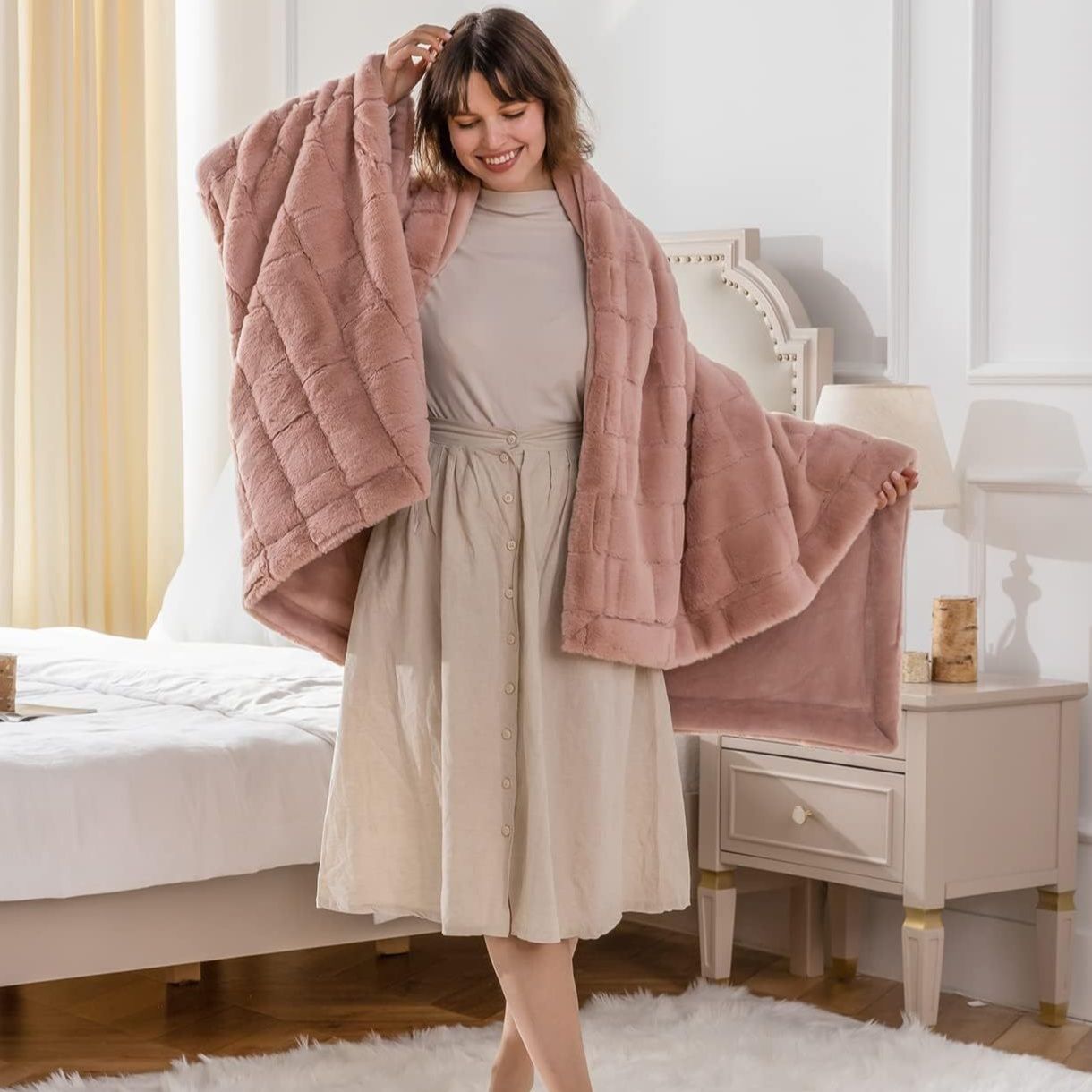 ブランケット ふんわり柔らか中綿入りロング丈着る毛布