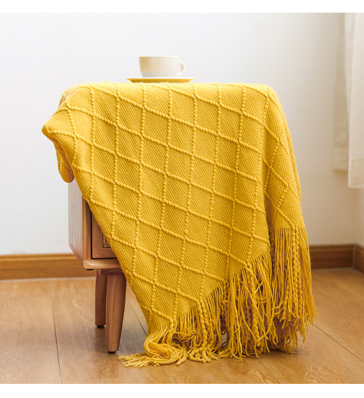 北欧風立体編みフリンジ付きニットブランケット