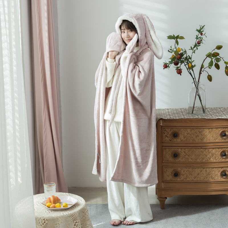 ブランケット ふわもこフード付き極暖着る毛布