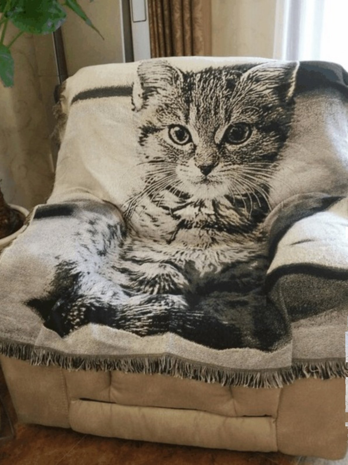 ブランケット 子猫のつぶらな瞳柄フリンジ付きブランケット