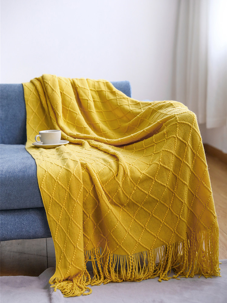 北欧風立体編みフリンジ付きニットブランケット