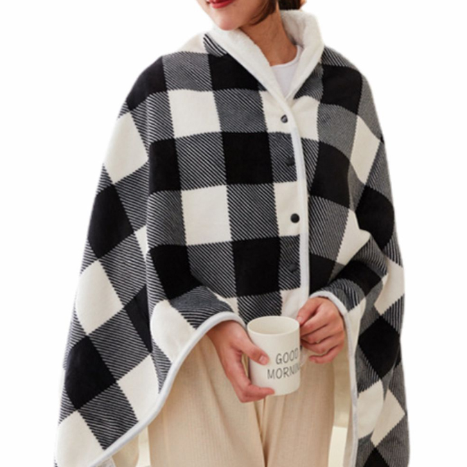 三通り使える着る毛布 格子柄 ふわふわ温感ブランケット