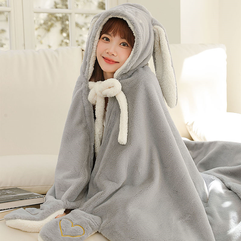 ブランケット うさぎ耳フード付きもこもこ着る毛布