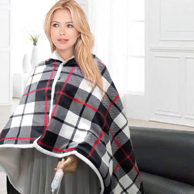 三通り使える着る毛布 格子柄 ふわふわ温感ブランケット
