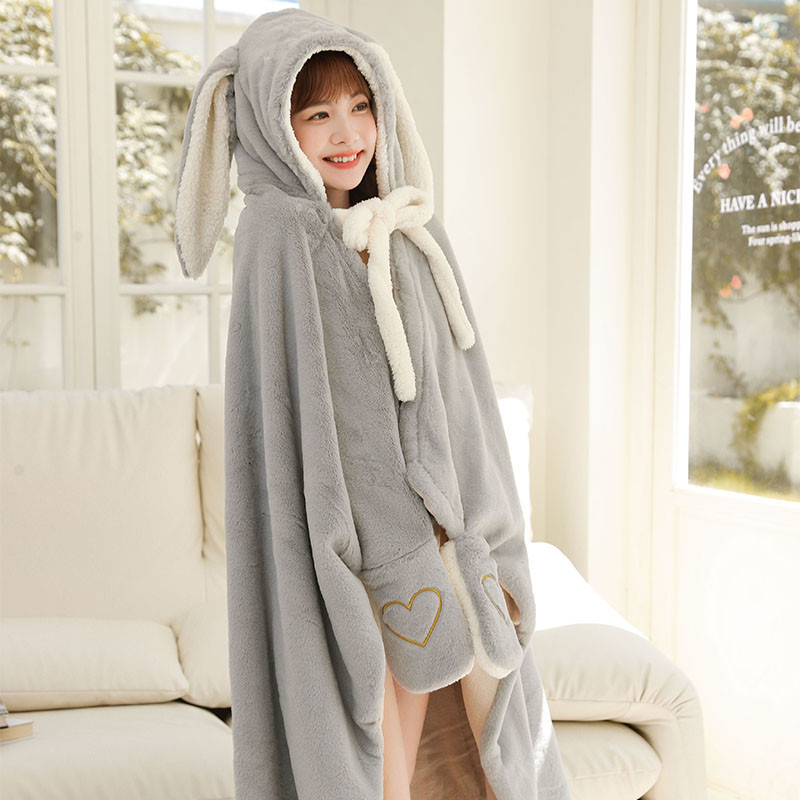 ブランケット うさぎ耳フード付きもこもこ着る毛布