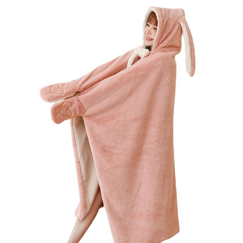 ブランケット うさぎ耳フード付きもこもこ着る毛布