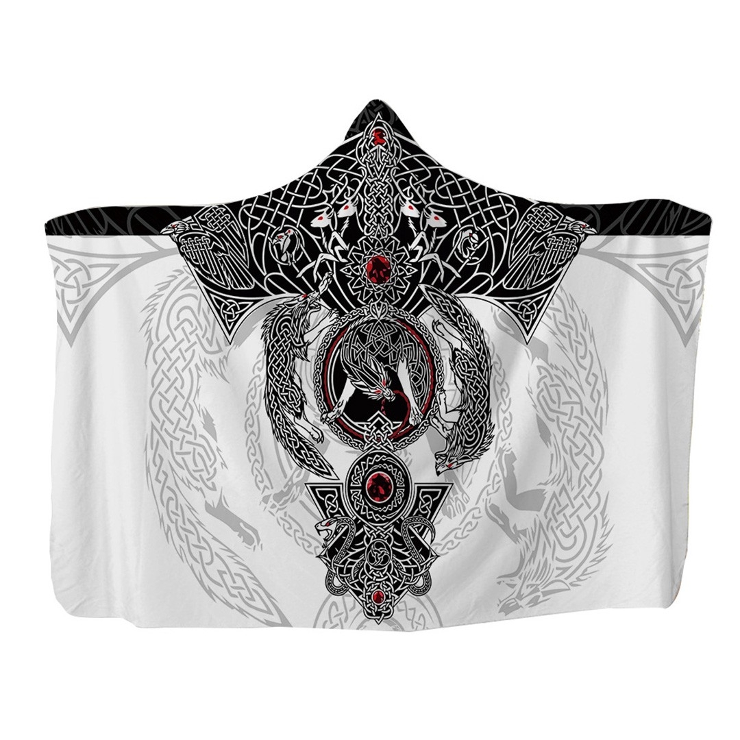 狼柄着る毛布 頭巾付き裏起毛ブランケット 大きめサイズ