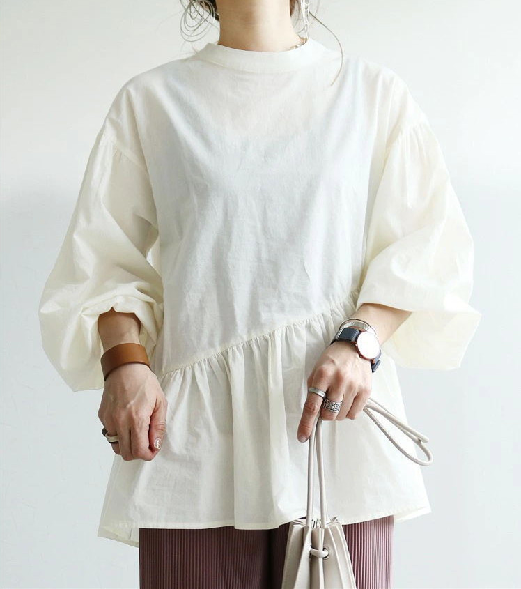 白ブラウス 人気パフスリーブチュニック ラウンドネック レディース