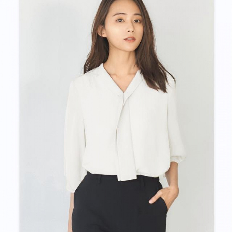 白ブラウス 優美なリボン結び七分袖ブラウス