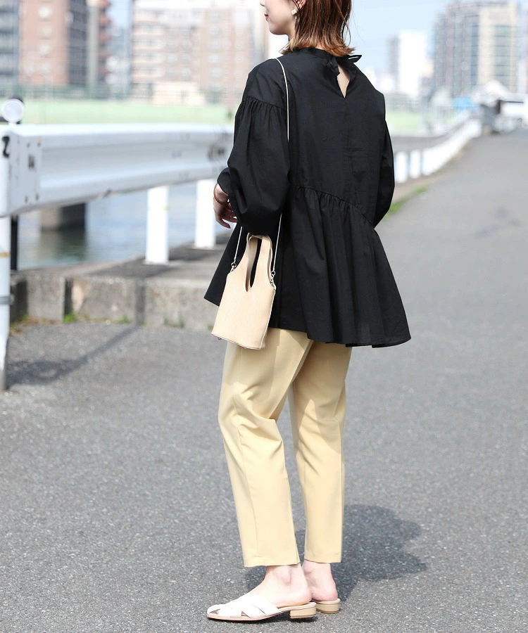 白ブラウス 人気パフスリーブチュニック ラウンドネック レディース