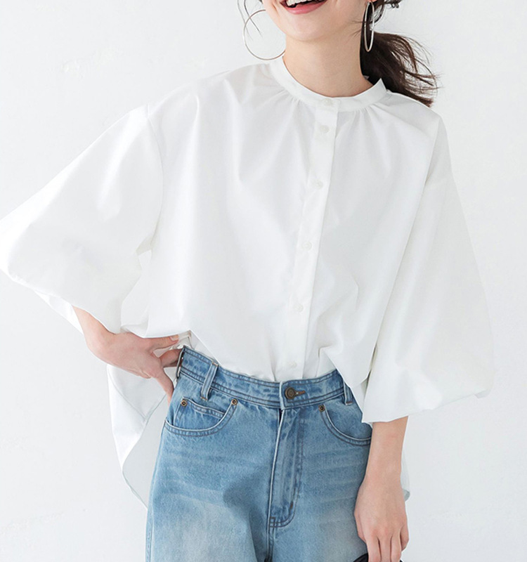 白ブラウス ふんわりボリューム袖シフォンバンドカラーブラウス