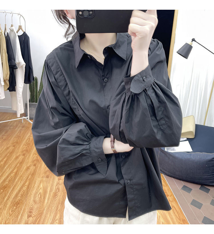 ゆったり長袖シャツ 袖ぷっくり白ブラウス レディース