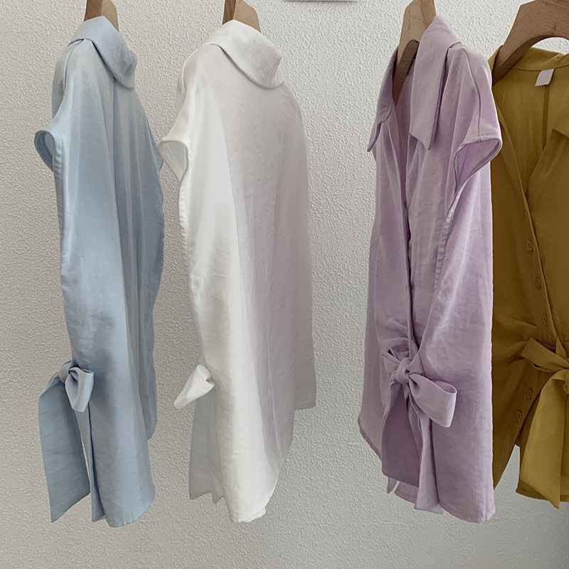 白ブラウス レディース半袖シャツ ウエストリボン付きおしゃれブラウス 5色展開