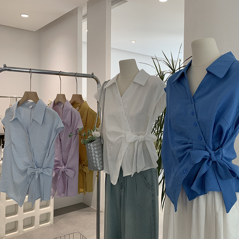 白ブラウス レディース半袖シャツ ウエストリボン付きおしゃれブラウス 5色展開