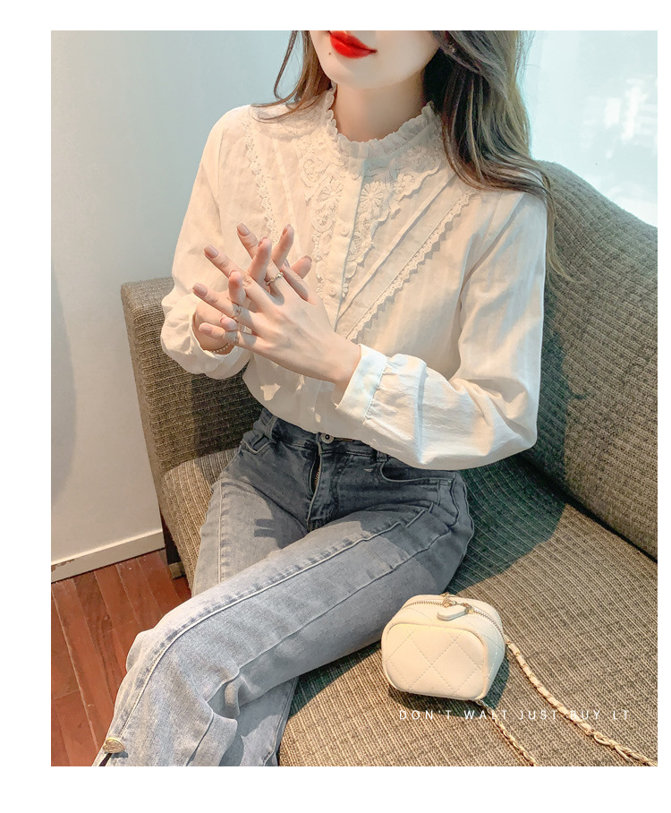 白ブラウス 花刺繍フリルスタンドカラーブラウス