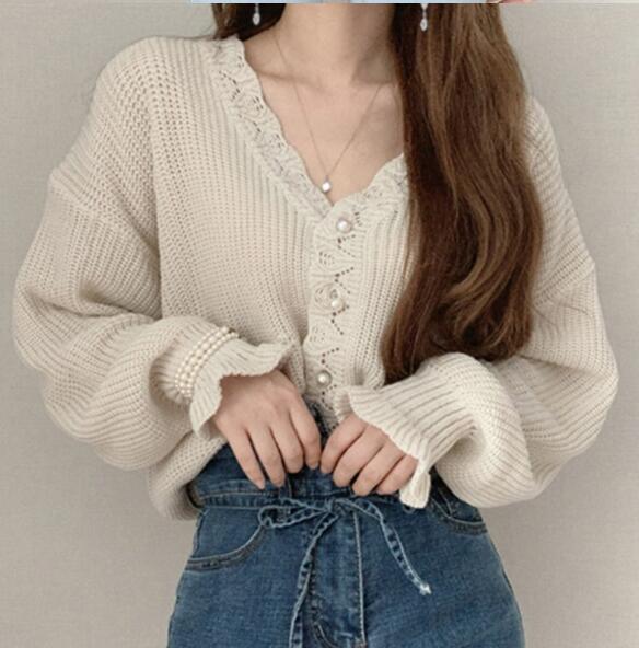 白ブラウス フリル編み込み長袖ニットセーター レディース秋冬
