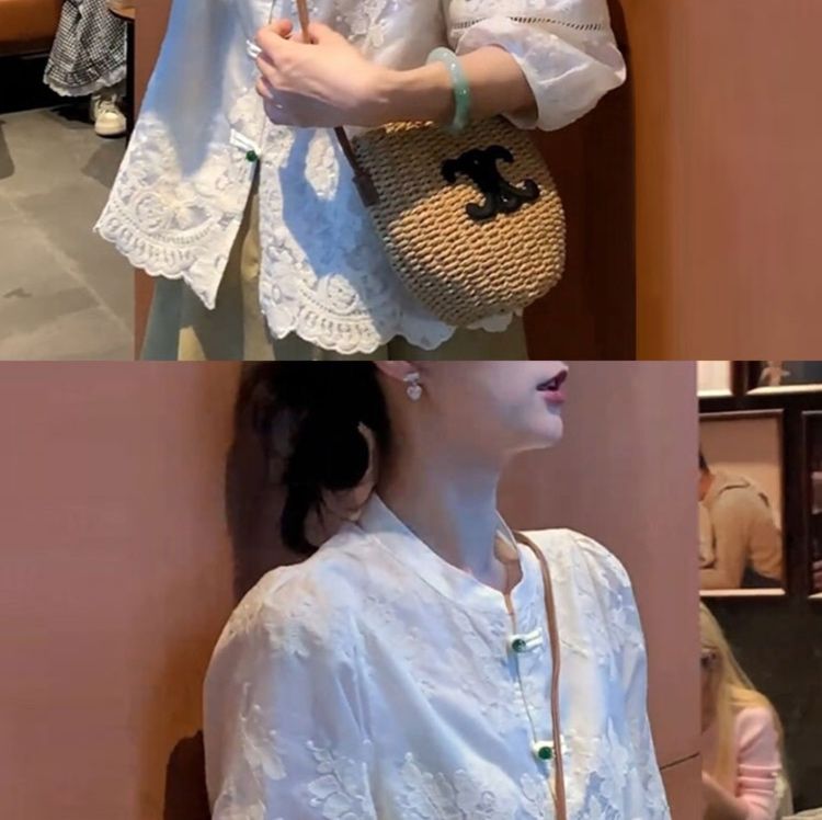 白ブラウス 花刺繍チャイナ風レースブラウス