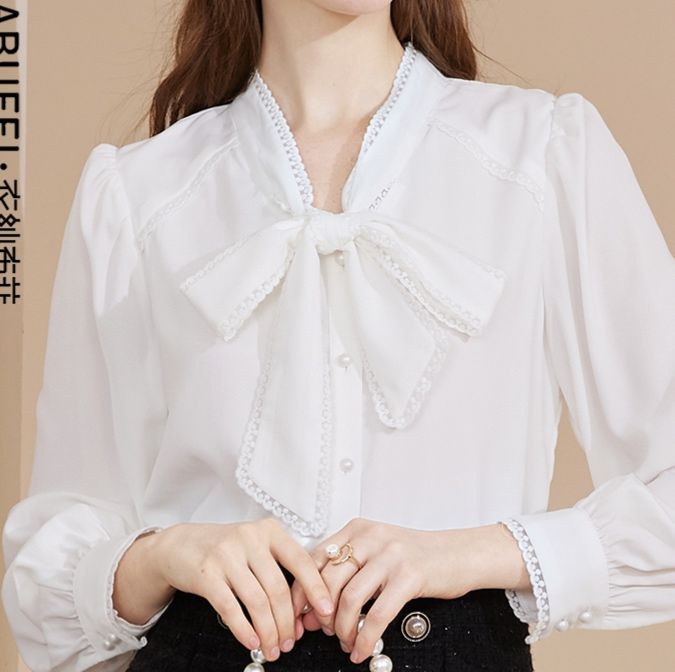 白ブラウス 優美リボンレース装飾ブラウス