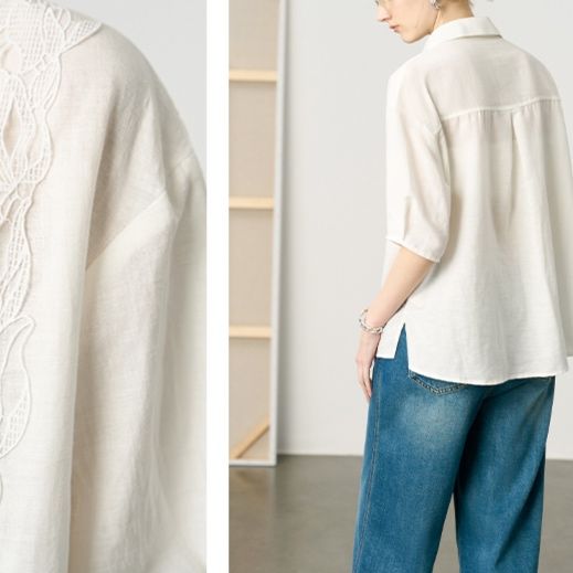 白ブラウス 花模様レース刺繍プルオーバーブラウス