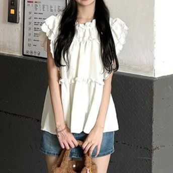 白ブラウス ふんわり二段フリルブラウス