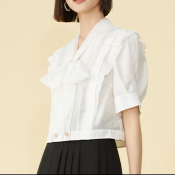 白ブラウス 優美フリル蝶結び襟ブラウス