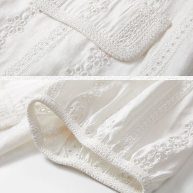 白ブラウス 刺繍レース付きパフスリーブブラウス