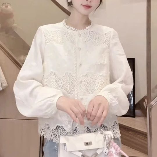 白ブラウス 花レース切替フリルネックブラウス