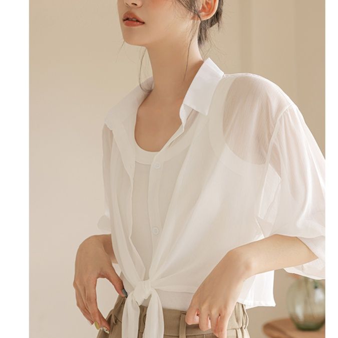 白ブラウス 裾結びシアーシフォンブラウス