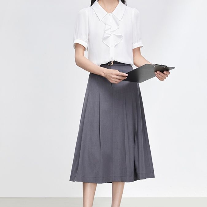 白ブラウス 優美フリルデザインブラウス