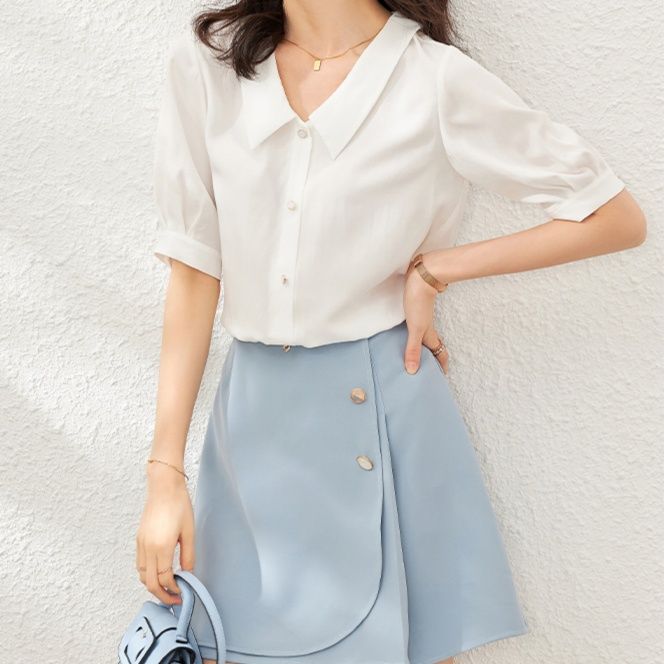 白ブラウス 優雅なシルエット半袖シフォンブラウス