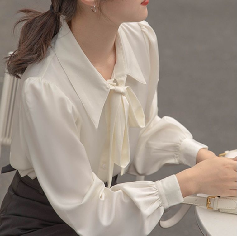 白ブラウス 優美なリボン結び長袖ブラウス