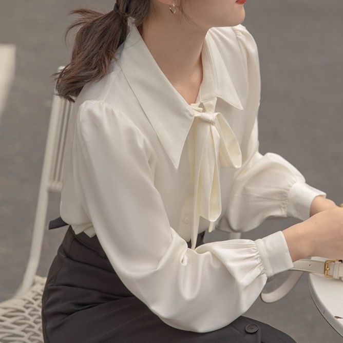 白ブラウス 優美なリボン結び長袖ブラウス