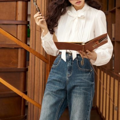 白ブラウス 優美リボン付き綿ブラウス