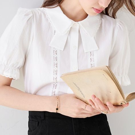 白ブラウス 清楚リボン襟レース刺繍ブラウス
