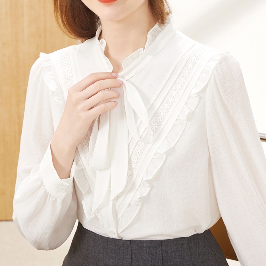 白ブラウス 優美フリルリボンブラウス