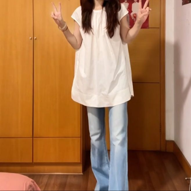 白ブラウス ギャザーネック チュニックブラウス