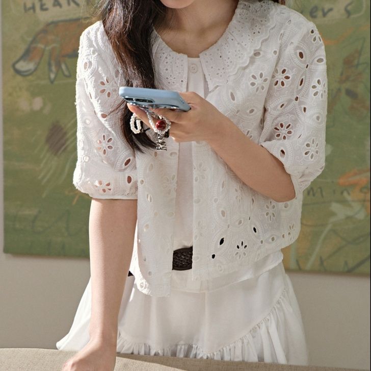 白ブラウス 花刺繍レース襟フリルブラウス