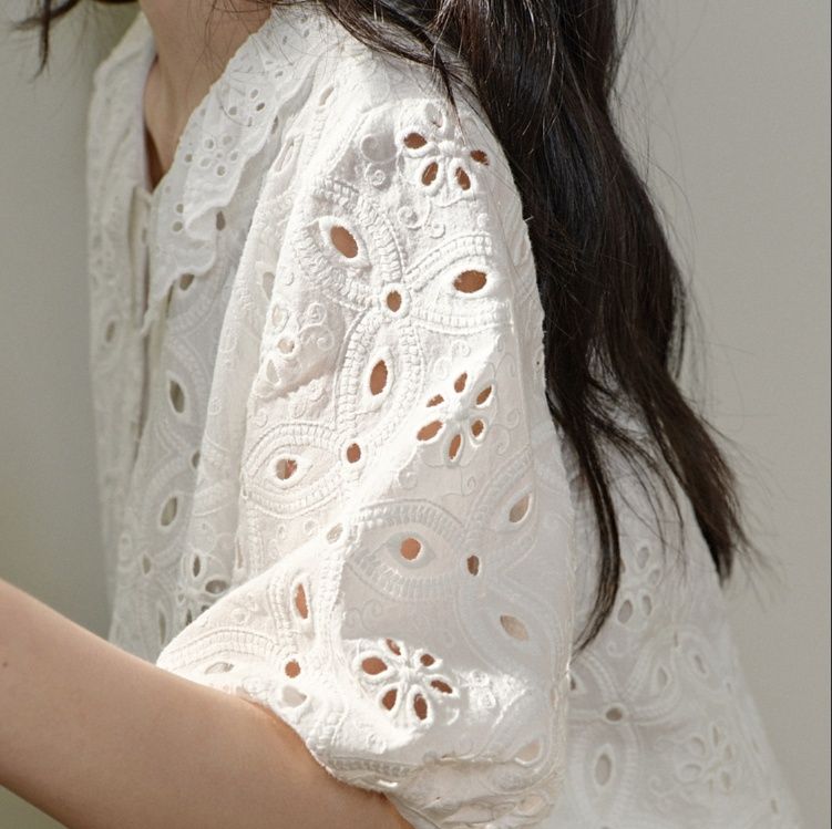 白ブラウス 花刺繍レース襟フリルブラウス