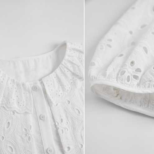 白ブラウス 花刺繍レース襟フリルブラウス