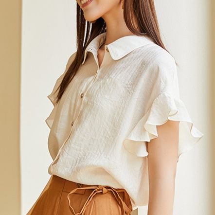 白ブラウス 優美な袖フリルラウンドカラーブラウス