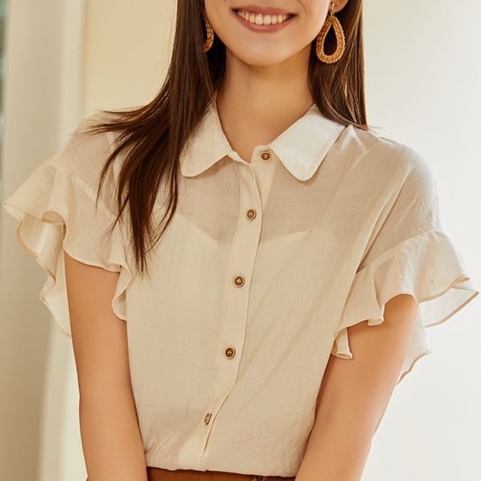 白ブラウス 優美な袖フリルラウンドカラーブラウス