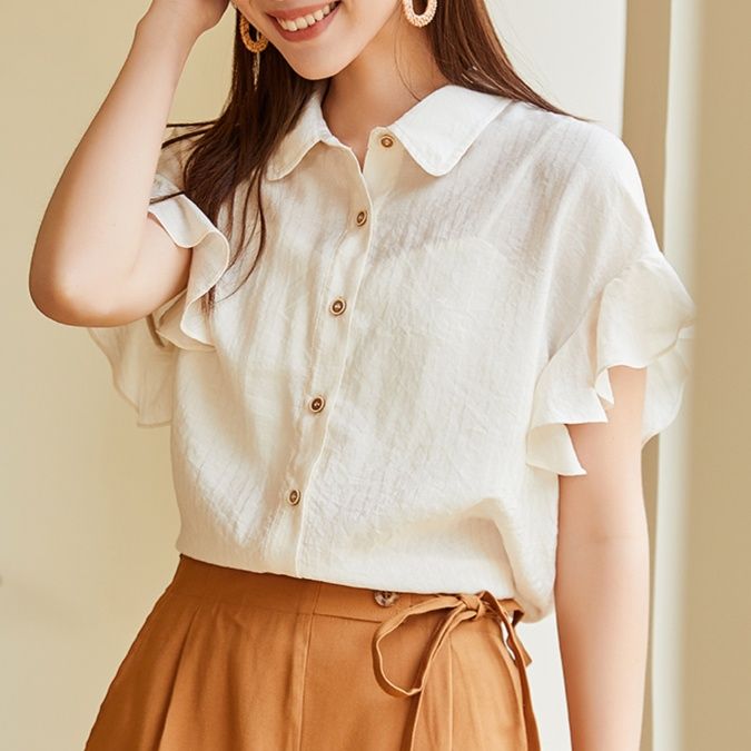 白ブラウス 優美な袖フリルラウンドカラーブラウス