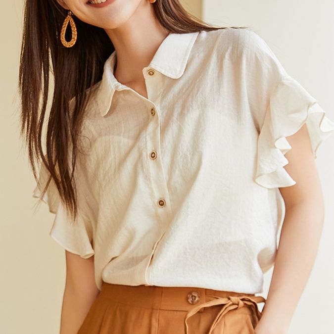 白ブラウス 優美な袖フリルラウンドカラーブラウス